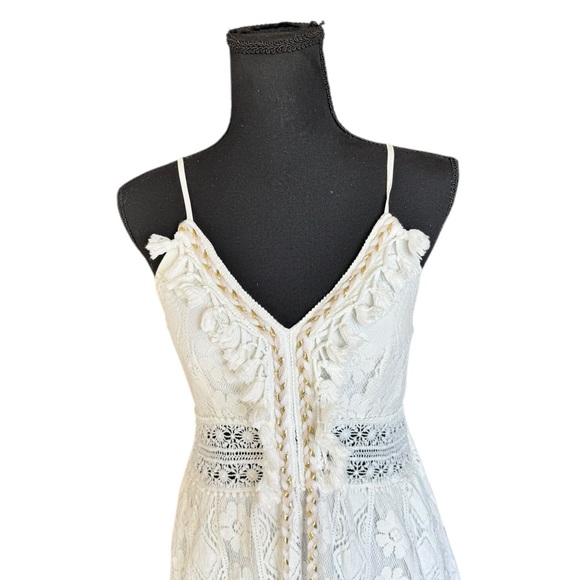 Boho Lace Midi Dress Ivory Crochet Tassel Pom Pom Cottagecore Festival Beach - Picture 2 of 7